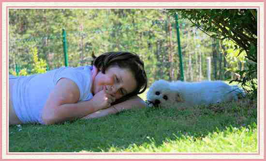 Une enfant avec son petit chien blanc
