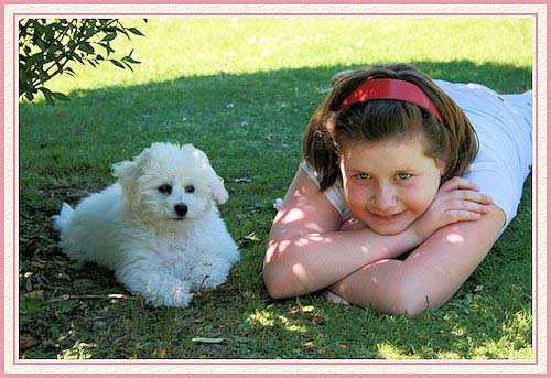 Une fillette et son chiot dans l'herbe